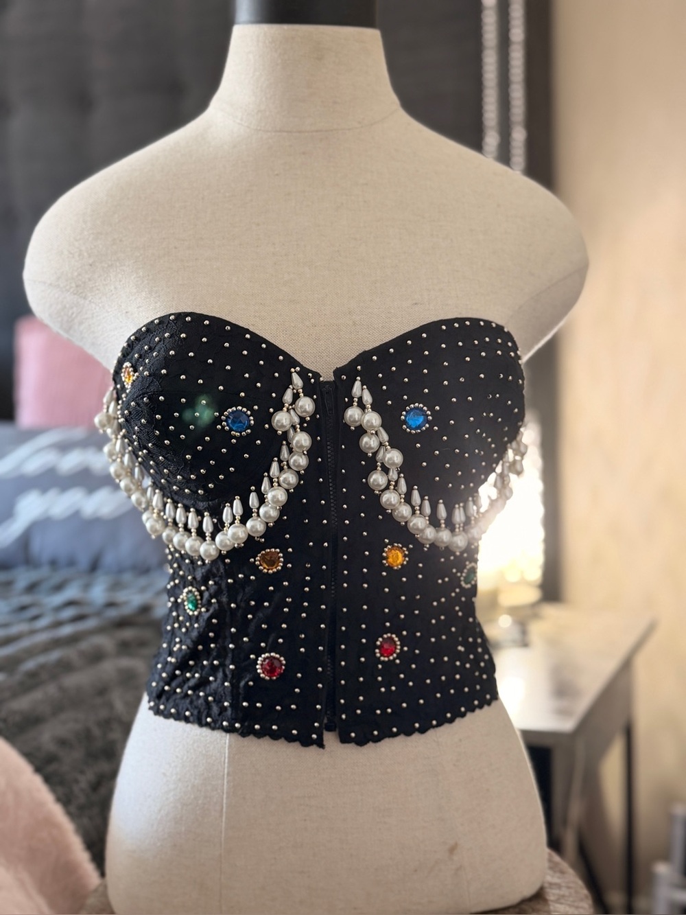 Black Embellished Corset Bustier Top – Pearl & Rhinestone Statement Piece Large